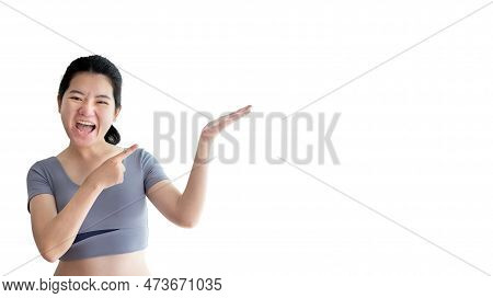 Asian Woman Pointing Finger Inviting Click Here, It Is Recommended To Follow This Direction Or Click