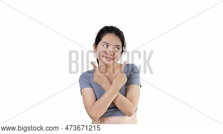 Asian Woman Pointing Finger Inviting Click Here, It Is Recommended To Follow This Direction Or Click