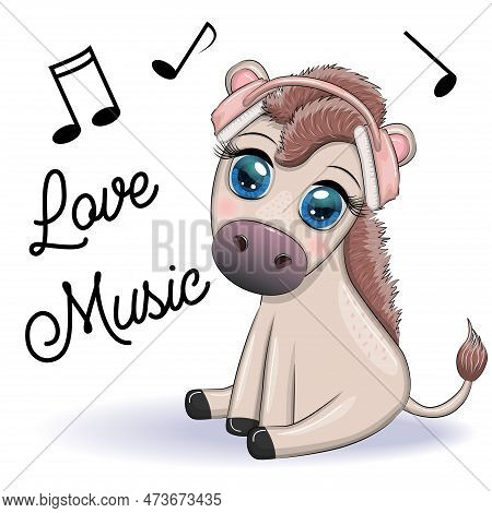 Donkey In Headphones Listens To Music. I Love Music, Cute Character
