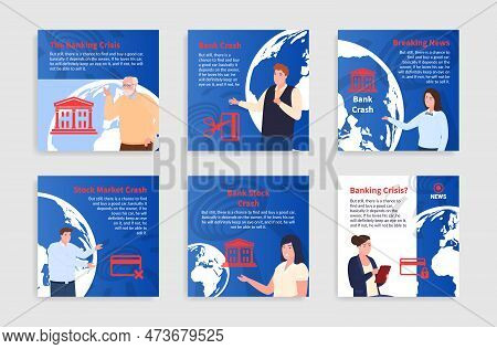 Banking Crisis Global Economic Loss Bankruptcy Sad Business Man Woman Poster Set Vector Illustration