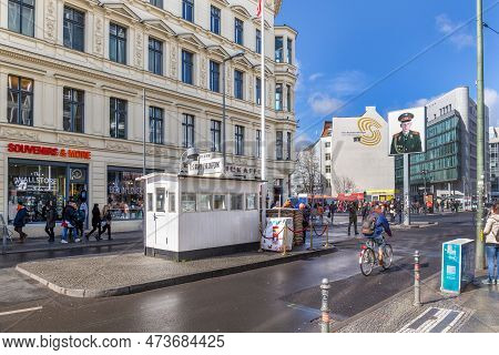 Berlin, Germany - March 25, 2019: Checkpoint Charlie In Berlin, Germany. The Best-known Berlin Wall 