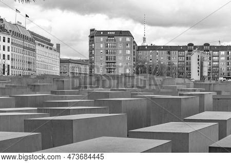 Berlin, Germany - Mar 25, 2019:  View Of Jewish Holocaust Memorial, In Berlin Mitte, Germany.