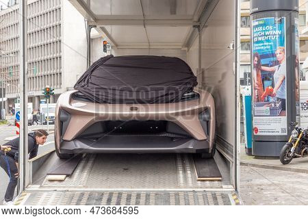 Frankfurt, Germany - March 21, 2023: Nio Eve Concept Self-driving Electric Car  Is Unloaded From A V