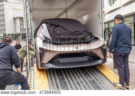 Frankfurt, Germany - March 21, 2023: Nio Eve Concept Self-driving Electric Car  Is Unloaded From A V