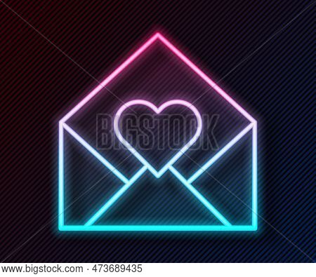 Glowing Neon Line Envelope With Valentine Heart Icon Isolated On Black Background. Message Love. Let
