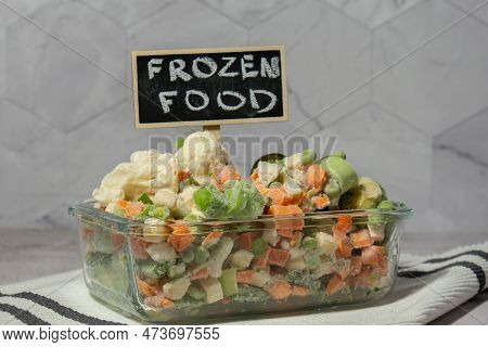 Frozen Mixed Vegetables For Long-term Storage With Blackboard Label And Text Frozen Food. Deep Freez