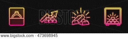 Set Line Gold Bars, Diamond Engagement Ring In Box, Growth Arrow With Gold And Safe. Glowing Neon Ic
