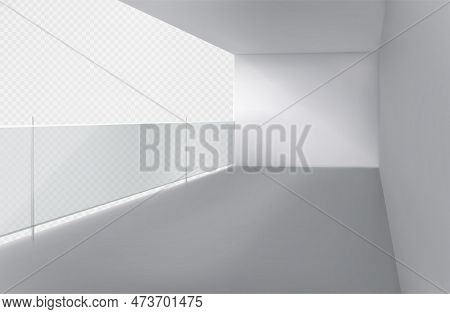 Isolated 3d Glass Balcony With Fence And Rail. Realistic Building Modern White Flat Terrace With Ple