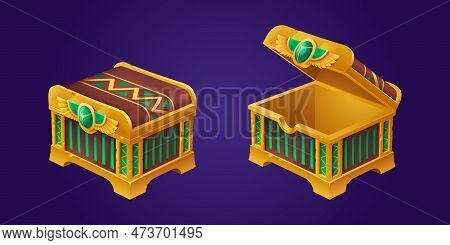 Closed And Open Egyptian Treasure Chest Set Isolated On Background. Vector Cartoon Illustration Of A