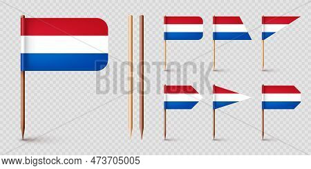 Realistic Various Dutch Toothpick Flags. Souvenir From Netherlands. Wooden Toothpicks With Paper Fla