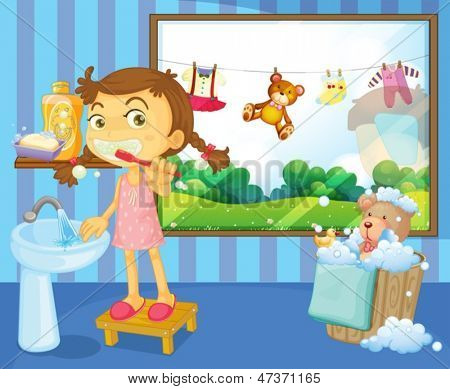 Illustrazione di un bambino a lavarsi i denti