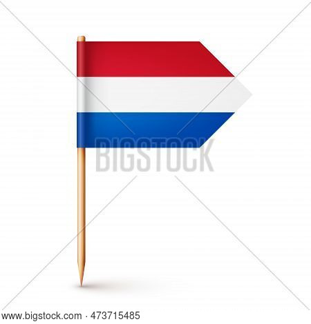 Realistic Dutch Toothpick Flag. Souvenir From Netherlands. Wooden Toothpick With Paper Flag. Locatio