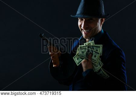 Man Taking Dollars Banknotes With Stealthy Expression Against Grunge Background