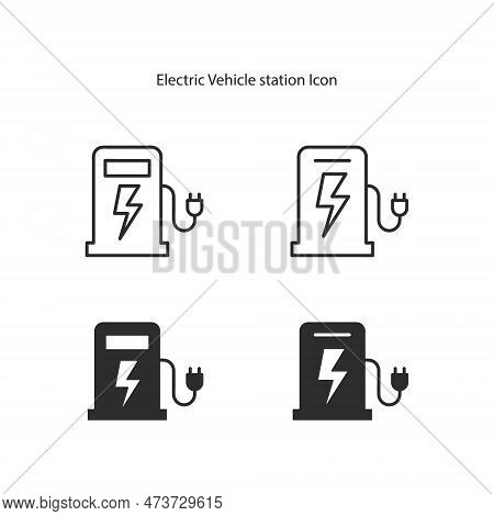 Charge Station, Ev Parking And Battery Charger Set. Electric Vehicle Charging Line Icons. Home Car C