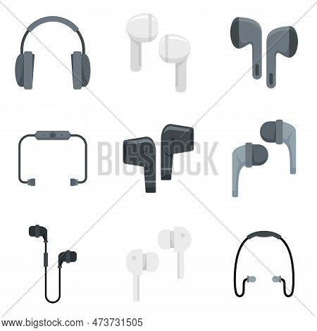 Wireless Earbuds Icons Set. Flat Set Of Wireless Earbuds Icons Isolated On White Background