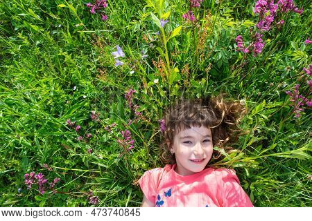 Portrait Of A Child Girl In Summer Lying In The Grass And Wildflowers With Heels And Palms. Summer T