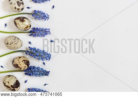 Easter Quial Eggs And Fresh Blue Spring Flowers. White Textile Background. Happy Easter Concept, Fla
