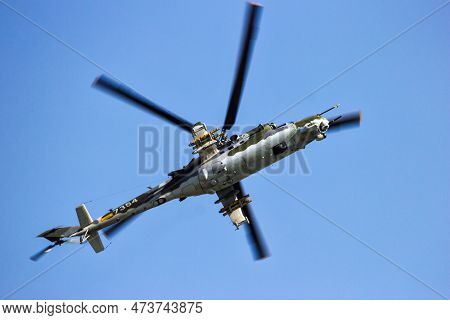 Czech Air Force Mi-24 Hind Attack Helicopter In Flight Over Berlin-schonefeld. Berlin, Germany - May