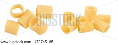 Raw Italian Pasta Isolated On White Background  . Mezze Maniche Rigate Bronze Die. Top View. Flat La