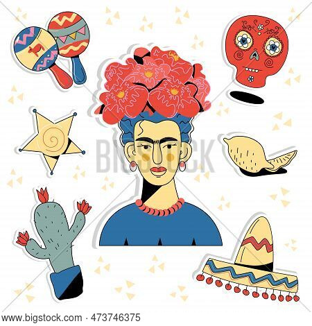 Mexican Themed Stickers. Set Of Vector Stickers Mexican Woman, Cactus, Star, Sombrero, Maracas, Lemo