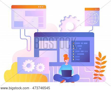 Concept Of Cms. Content Management System. Young Girl With Laptop Develops Content For Website. Seo 