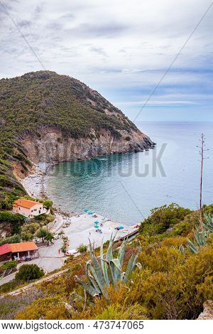 High Angle View To Little Public Pebble Beach Perfekt For Snorkeling At Patresi, Elba Island, Italy