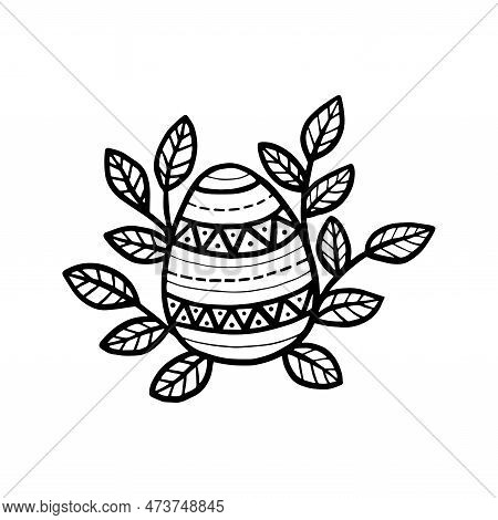 Easter Floral Egg Icon. Abstract Leaves And Egg Silhouette. Vector Linocut Object Isolated On White 
