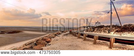 Roadway Along Chapin Beach In Cape Cod, Massachusetts At Sunset.