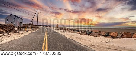 Roadway Along Chapin Beach In Cape Cod, Massachusetts At Sunset.