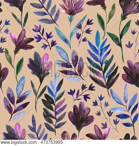 Watercolor Seamless Pattern With Cute Dark Purple Flowers And Blue Leaves. Freehand Expressive Paint