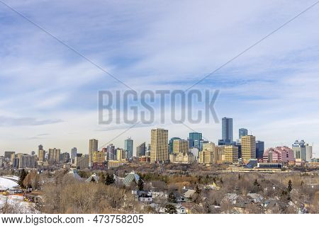 Edmonton, Alberta. Mar 30, 2023. Skyline Of Downtown Edmonton In The Morning With Muttart Conservato