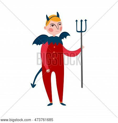 Kid Wearing Halloween Costume Of Devil Flat Vector Illustration