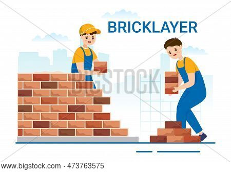 Bricklayer Worker Illustration With People Construction And Laying Bricks For Building A Wall In Fla