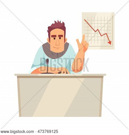 Male News Anchor With Microphone Pointing At Falling Chart Cartoon Vector Illustration