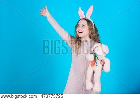 Child Smiling Play Bunny Toy. Happy Childhood. Get In Easter Spirit. Bunny Ears Accessory. Lovely Pl