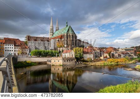 Gorlitz, Germany. Wide Angle View On Neisse River Peterskirche Church