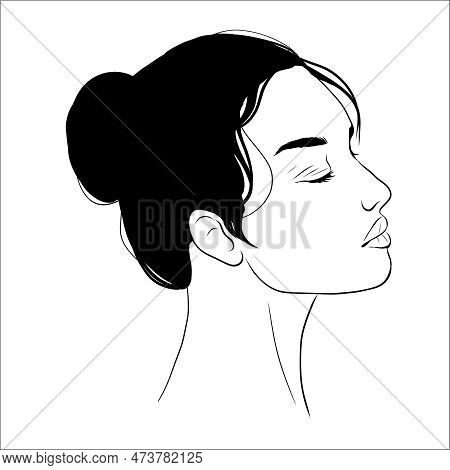 Vector Portrait Of Beautiful Woman In Black And White. Gentle Silhouette, Fashion Illustration
