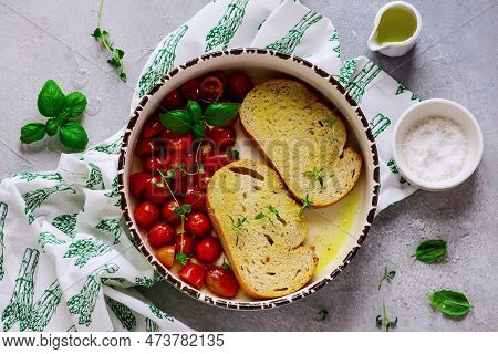 Bruschetta With Buratta And Baked Cherry Tomatoes.top View.selective Focus