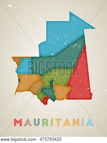 Mauritania Map. Country Poster With Colored Regions. Old Grunge Texture. Vector Illustration Of Maur
