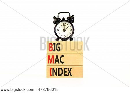 Bmi Big Mac Index Symbol. Concept Words Bmi Big Mac Index On Wooden Blocks On A Beautiful White Tabl