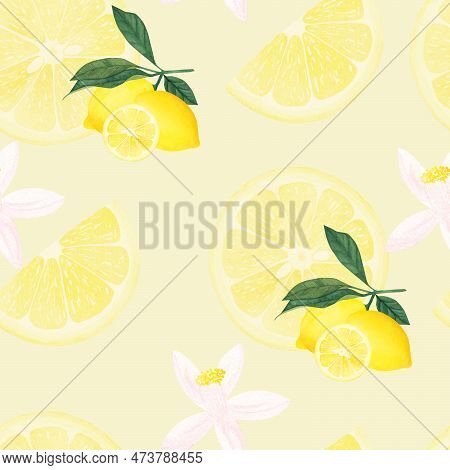 Yellow Lemons Watercolor Seamless Pattern. Beautiful Hand Drawn Texture. Romantic Background For Web