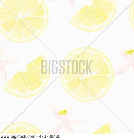 Watercolor Seamless Pattern With Yellow Lemon Branch Isolated On White Background. Illustration For 