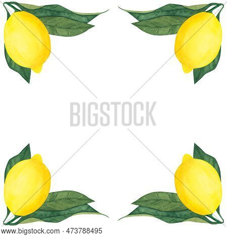 Frame With Watercolor Lemon Tree Branches With Fruits, Flowers.illustration For Design,  Invitation,