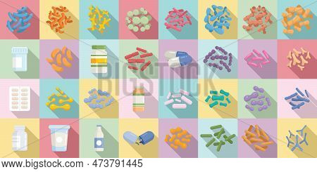 Probiotics Icons Set Flat . Stomach Prebiotic. Bacteria Lactobaccilus