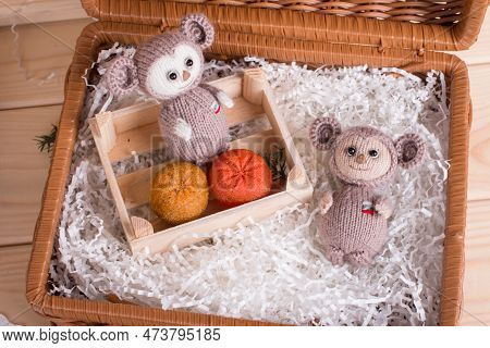 Knitted Brown Russian Toy Cheburashka With Oranges. Handmade By Hand Made