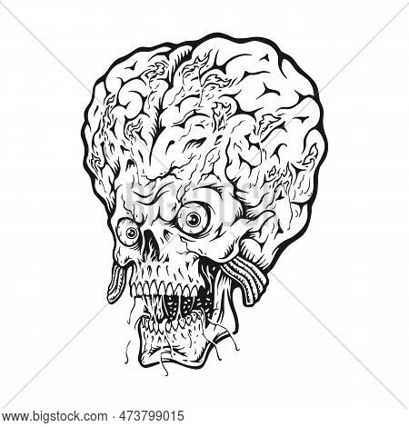 Spooky Skull Brain Horror Face Illustrations Monochrome Vector For Your Work Logo, Merchandise T-shi