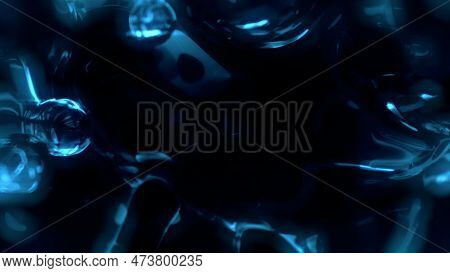Electrical Blue Shining Transpicuous Liquid Metaspheres On Black - Abstract 3d Illustration