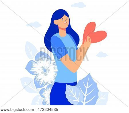 Feeling Of Self Love, Self Respect. Woman Holds Heart In Her Hand. Positive Emotions And Harmony Wit