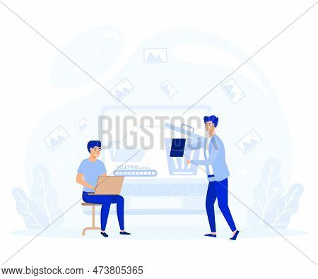 Delete Concept. Tiny People Deleting Data. Flat Vector Modern Illustration.