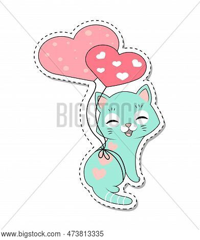Blue Kitten With Balloons. Caty Cat Sticker For Valentine. Poster Or Banner For Website. Love, Tende
